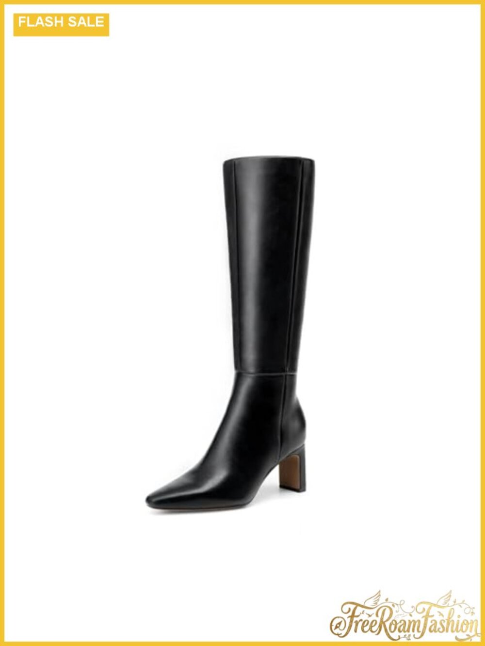 Knee High Faux Leather Boots Chunky Block Heel Square Toe Side Zip